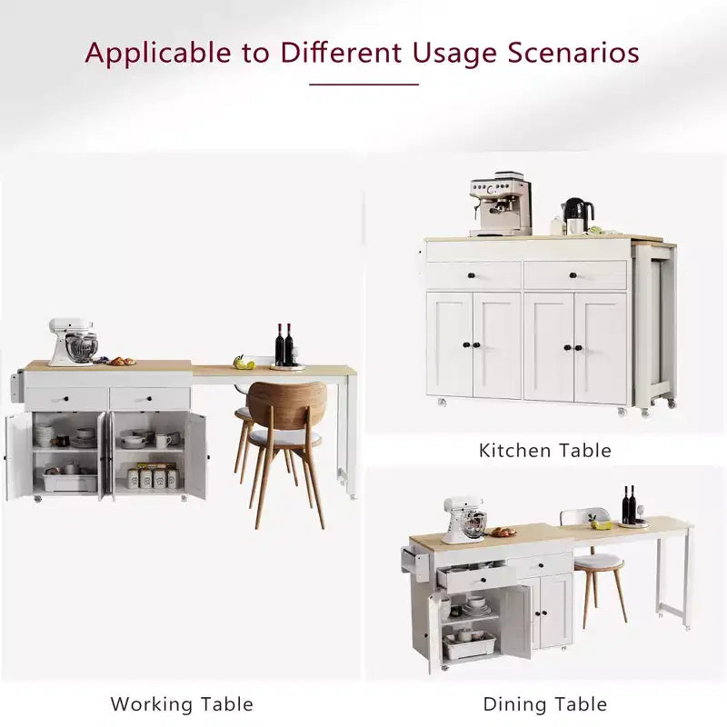 Kitchen Island with Extendable Dining Table, Rolling Storage Cart with Spice Rack and 2 Drawers
