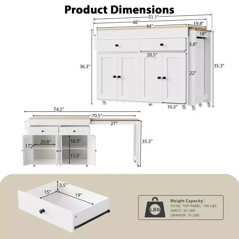 Kitchen Island with Extendable Dining Table, Rolling Storage Cart with Spice Rack and 2 Drawers
