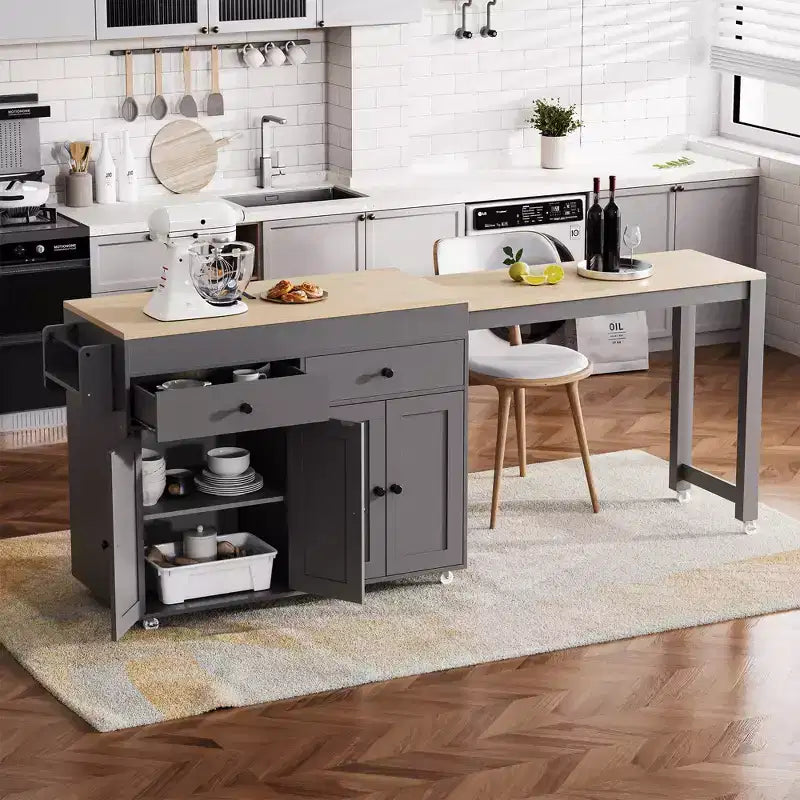 Kitchen Island with Extendable Dining Table, Rolling Storage Cart with Spice Rack and 2 Drawers