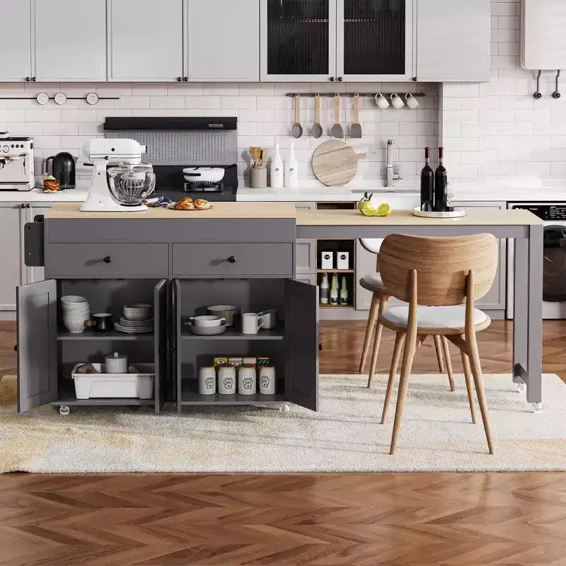Kitchen Island with Extendable Dining Table, Rolling Storage Cart with Spice Rack and 2 Drawers
