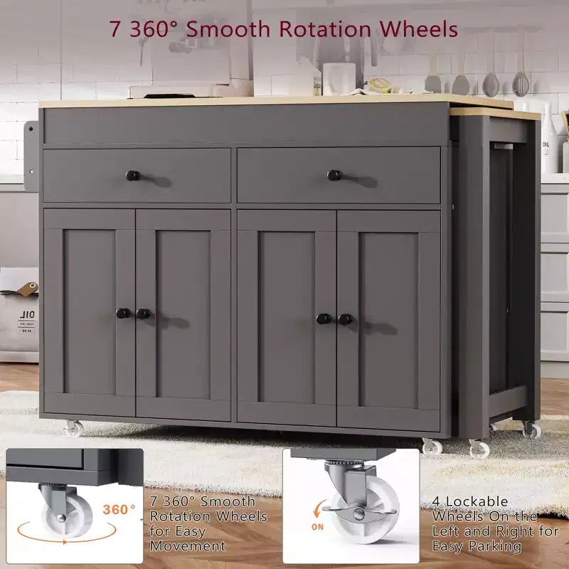 Kitchen Island with Extendable Dining Table, Rolling Storage Cart with Spice Rack and 2 Drawers