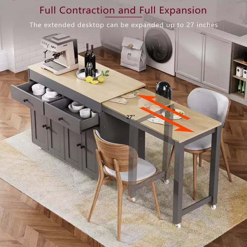 Kitchen Island with Extendable Dining Table, Rolling Storage Cart with Spice Rack and 2 Drawers