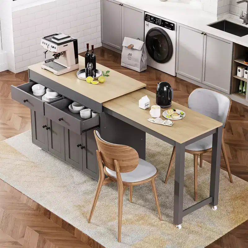 CLIHOME Kitchen Island with Extendable Dining Table , Rolling Kitchen Storage Cart with Spice Rack and 2 Drawers