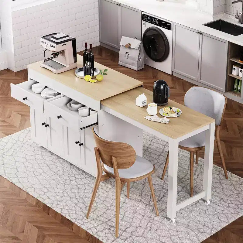 Kitchen Island with Extendable Dining Table, Rolling Storage Cart with Spice Rack and 2 Drawers
