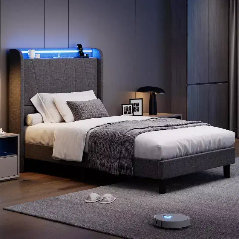 LED Platform Bed Frame with Charging Station and Storage