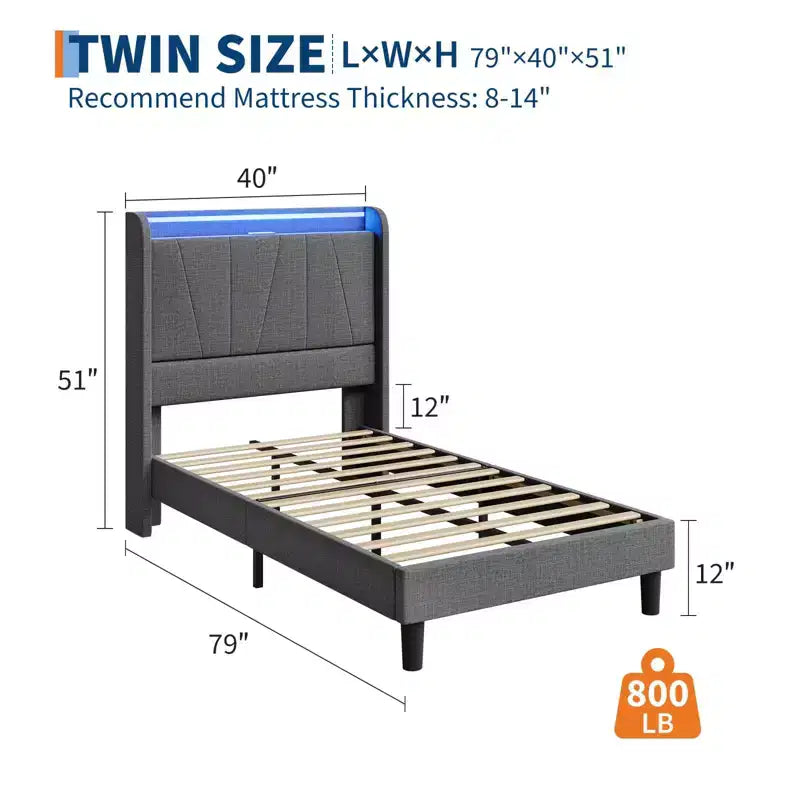 LED Platform Bed Frame with Charging Station and Storage