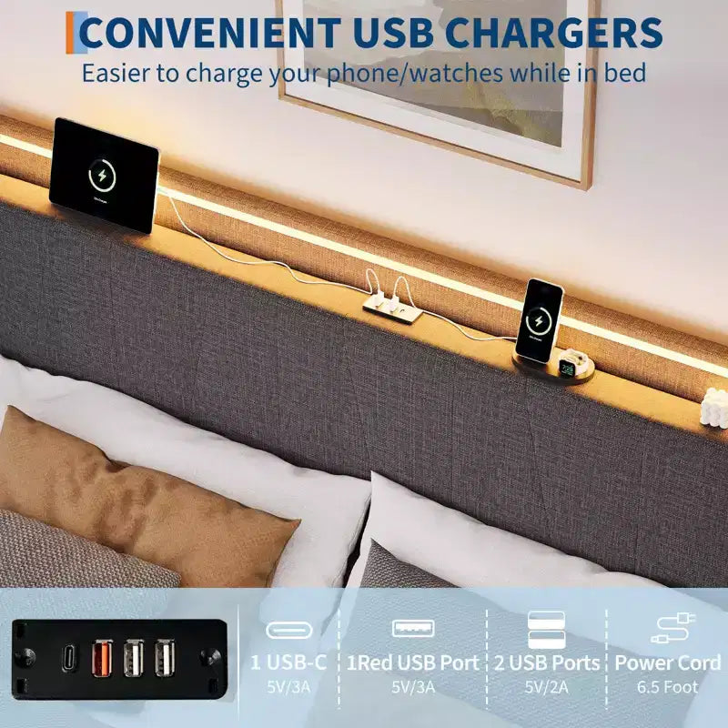 LED Platform Bed Frame with Charging Station and Storage