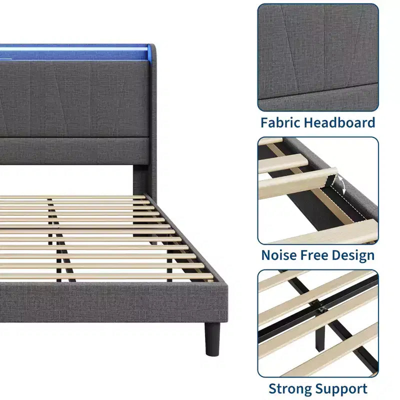 LED Platform Bed Frame with Charging Station and Storage