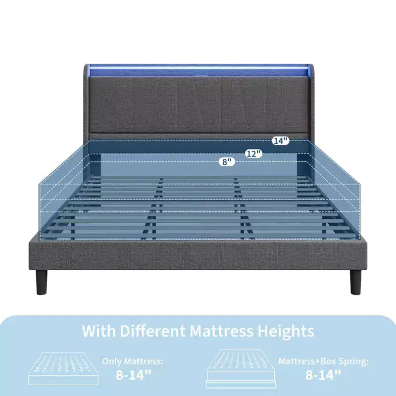 LED Platform Bed Frame with Charging Station and Storage