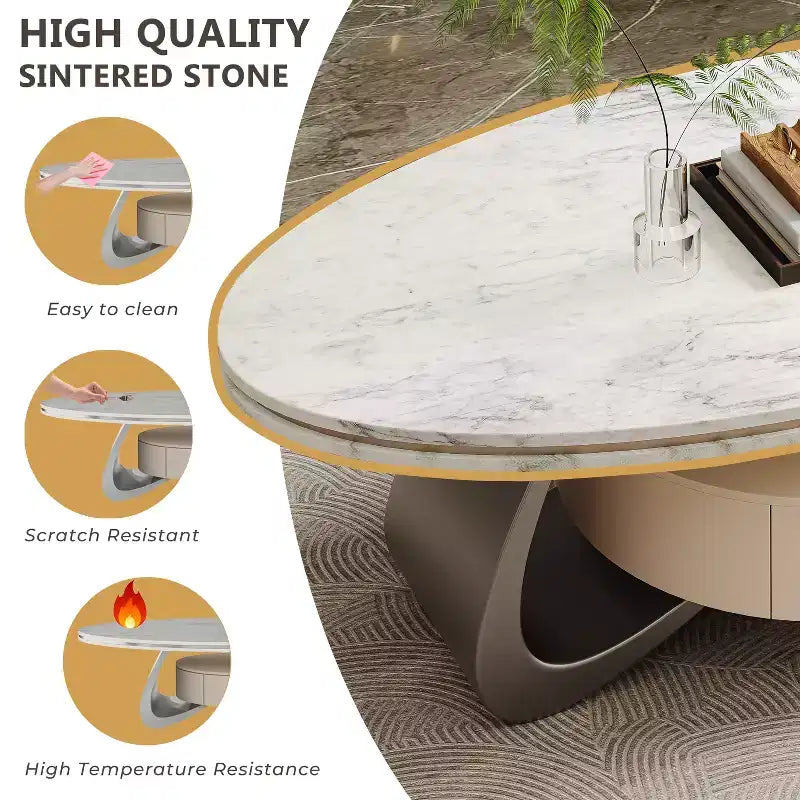 47.2'' Oval Coffee Table with Sintered Stone Top and Stainless Steel Base