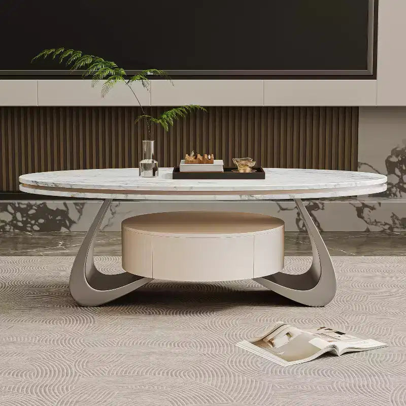 47.2'' Oval Coffee Table with Sintered Stone Top and Stainless Steel Base