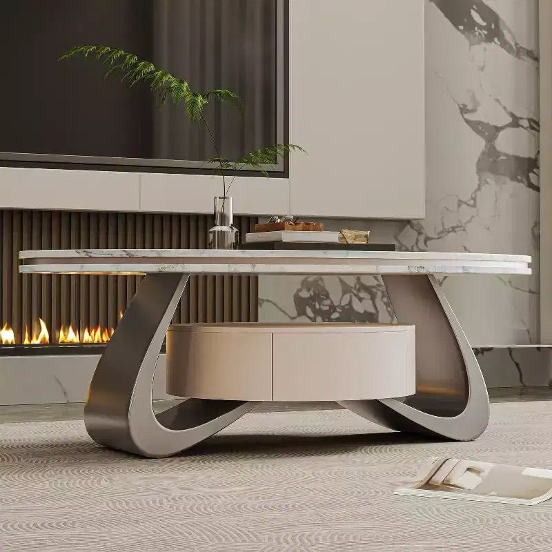 47.2'' Oval Coffee Table with Sintered Stone Top and Stainless Steel Base