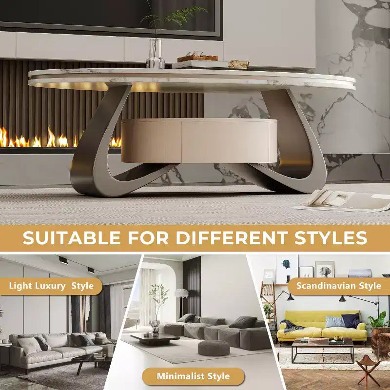 47.2'' Oval Coffee Table with Sintered Stone Top and Stainless Steel Base