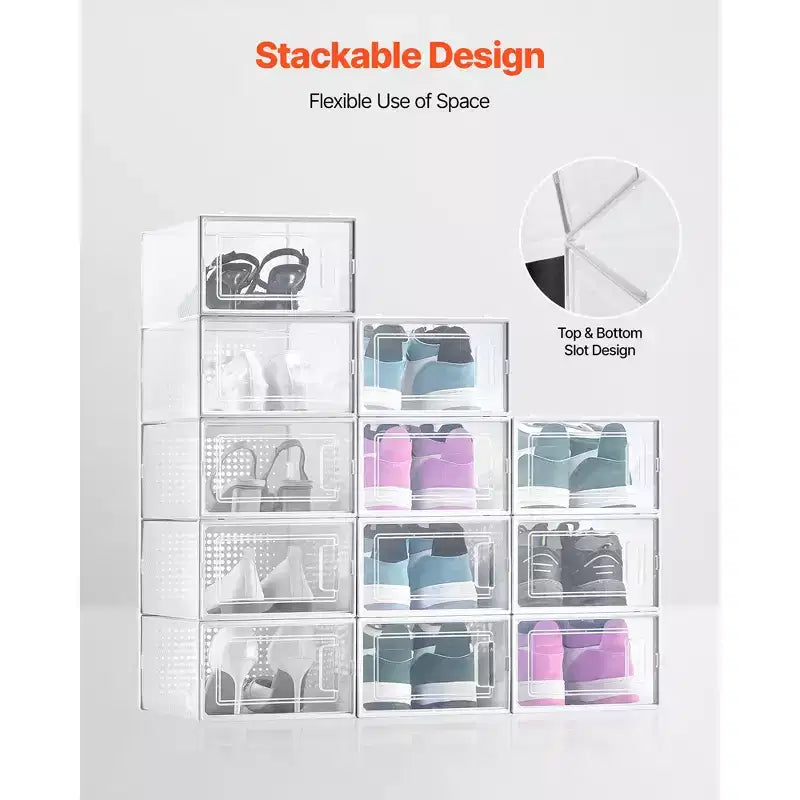 Stackable Shoe Storage Boxes, 12 Pack, Clear, Fits Up to US Size 11