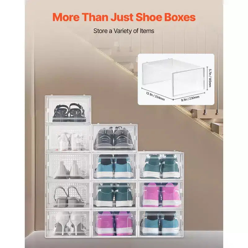 Stackable Shoe Storage Boxes, 12 Pack, Clear, Fits Up to US Size 11
