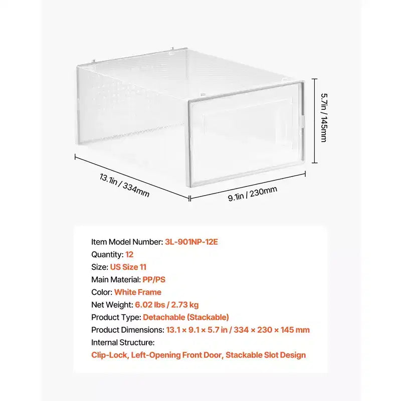 Stackable Shoe Storage Boxes, 12 Pack, Clear, Fits Up to US Size 11