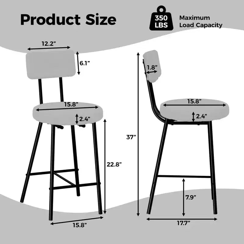 Bar Stools Set of 2, Modern Barstools with Back, 22-Inch Seat Height, Metal Legs for Kitchen Island and Bar