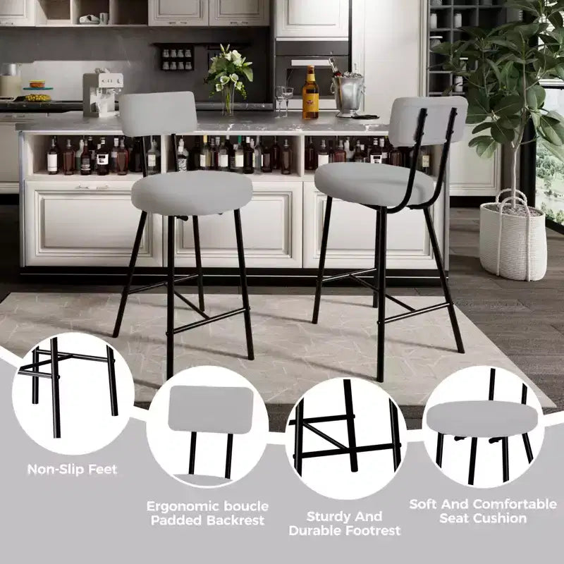 Bar Stools Set of 2, Modern Barstools with Back, 22-Inch Seat Height, Metal Legs for Kitchen Island and Bar
