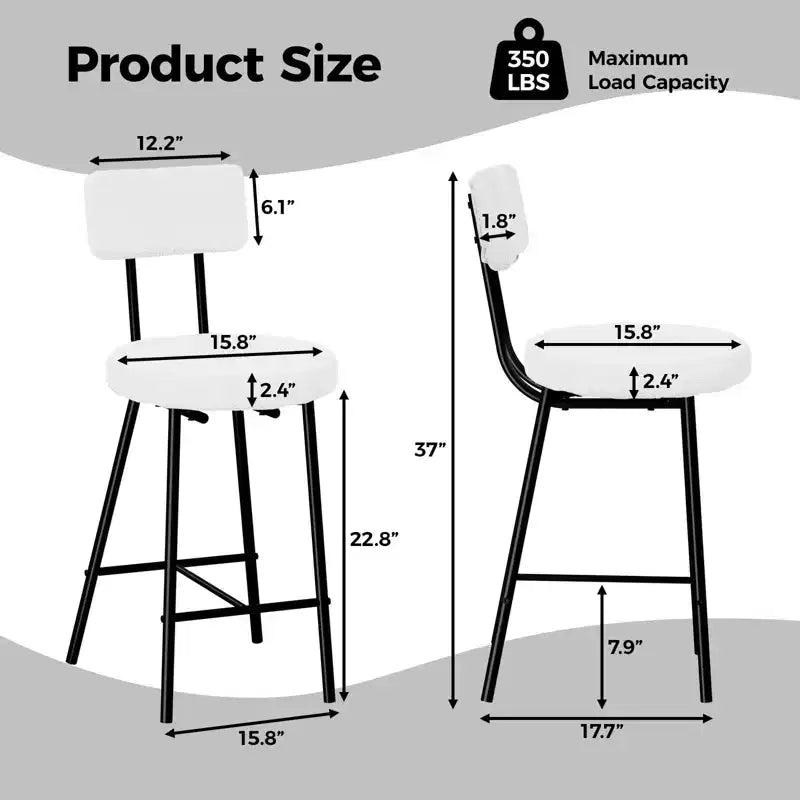 Bar Stools Set of 2, Modern Barstools with Back, 22-Inch Seat Height, Metal Legs for Kitchen Island and Bar