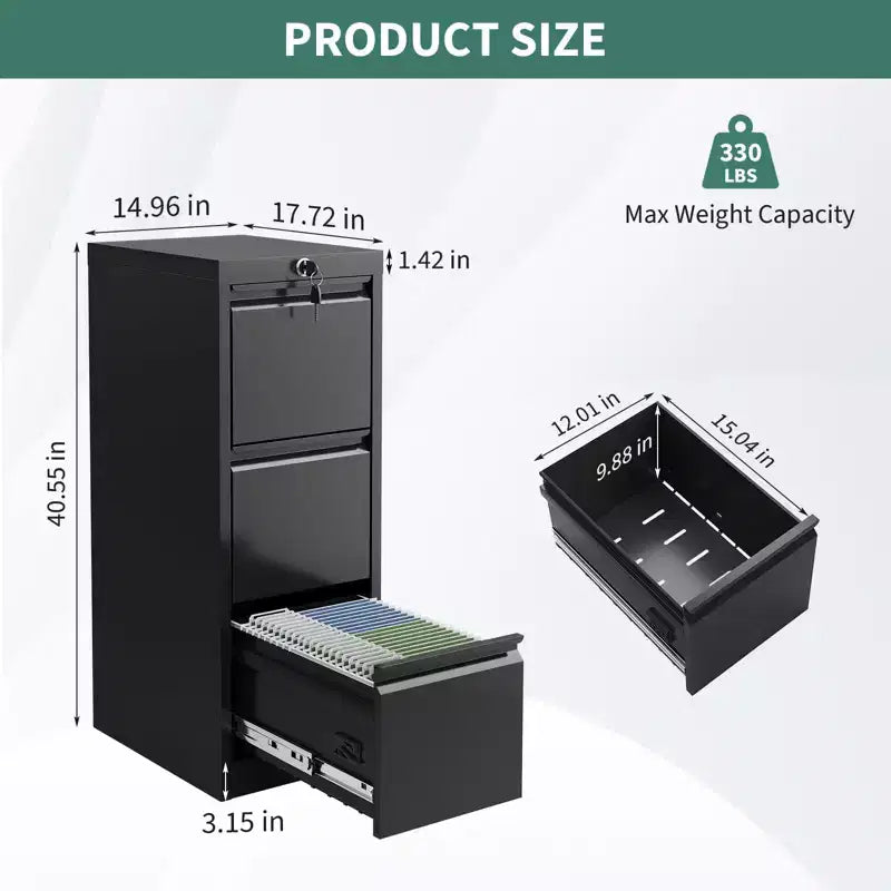 3-Drawer Vertical File Cabinet with Lock
