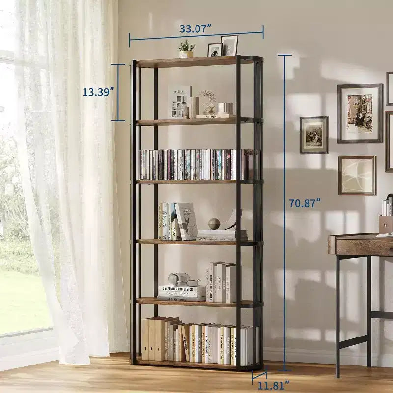 71-Inch 6-Tier Wooden Bookshelf with Metal Frame, Open Storage Bookcase for Bedroom, Living Room and Home Office, Brown