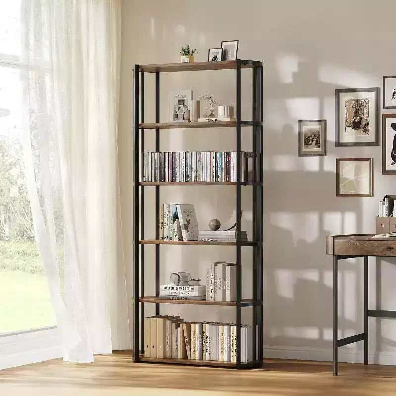 71-Inch 6-Tier Wooden Bookshelf with Metal Frame, Open Storage Bookcase for Bedroom, Living Room and Home Office, Brown