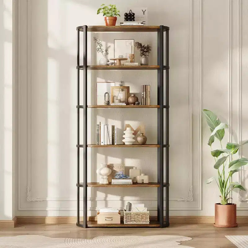 71-Inch 6-Tier Wooden Bookshelf with Metal Frame, Open Storage Bookcase for Bedroom, Living Room and Home Office, Brown
