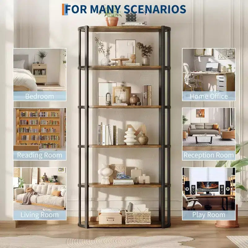 71-Inch 6-Tier Wooden Bookshelf with Metal Frame, Open Storage Bookcase for Bedroom, Living Room and Home Office, Brown