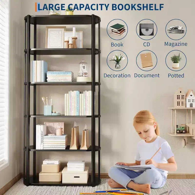 71-Inch 6-Tier Wooden Bookshelf with Metal Frame, Open Storage Bookcase for Bedroom, Living Room and Home Office, Brown