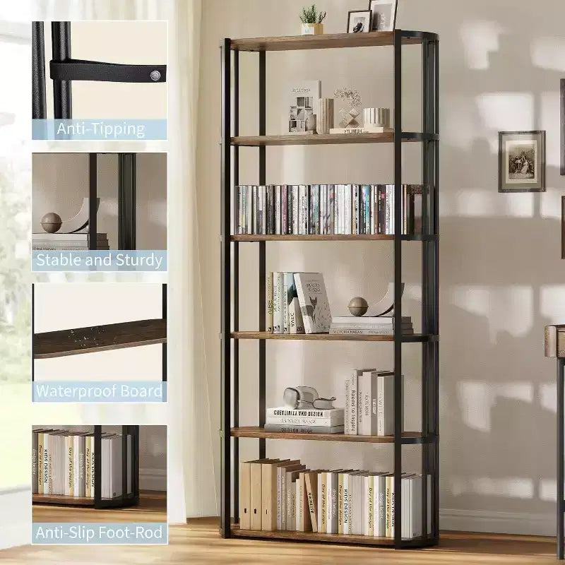 71-Inch 6-Tier Wooden Bookshelf with Metal Frame, Open Storage Bookcase for Bedroom, Living Room and Home Office, Brown