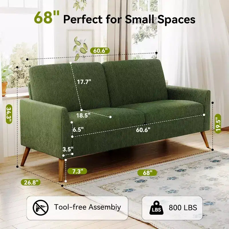 60-Inch Loveseat Sofa with Mid-Century Design, Available in Corduroy and Linen