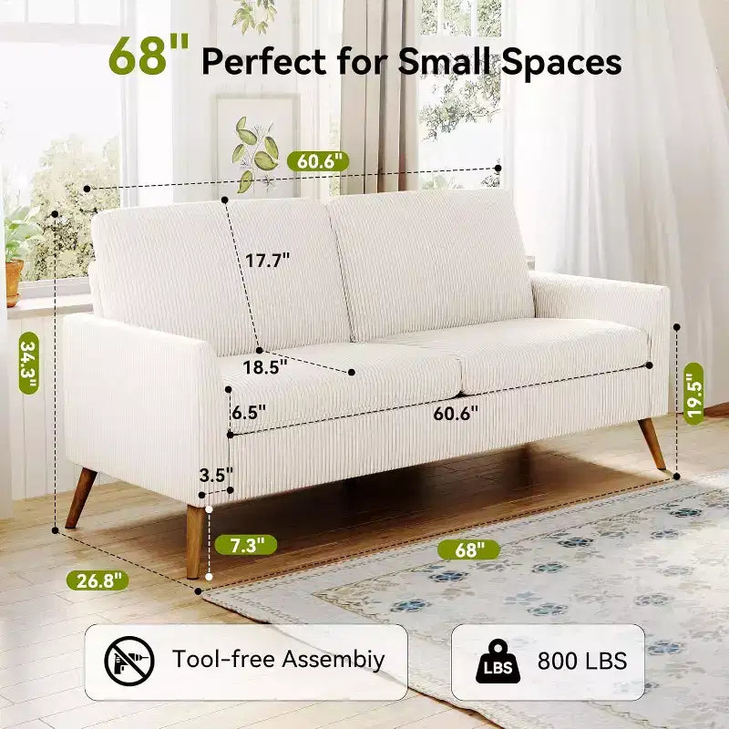 60-Inch Loveseat Sofa with Mid-Century Design, Available in Corduroy and Linen