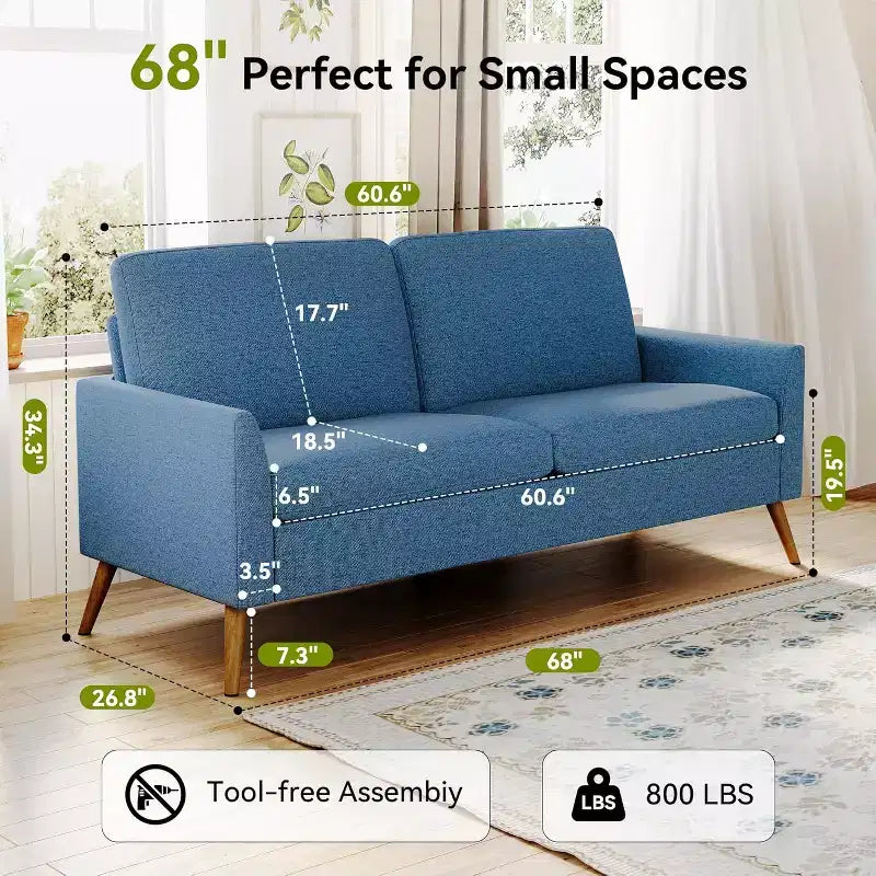 60-Inch Loveseat Sofa with Mid-Century Design, Available in Corduroy and Linen