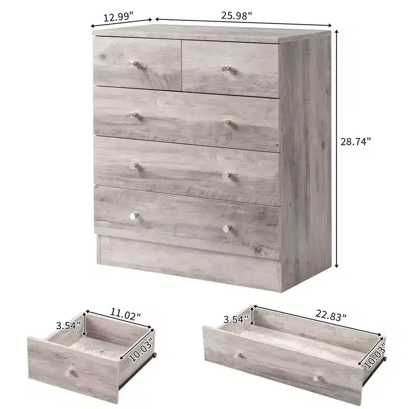 5-Drawer Grey Chest of Drawers, 25.98 in. W