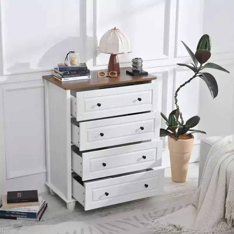 Modern Storage Cabinet with 4 Drawers – Tall Wood Design for Living Room or Hallway, Ivory White