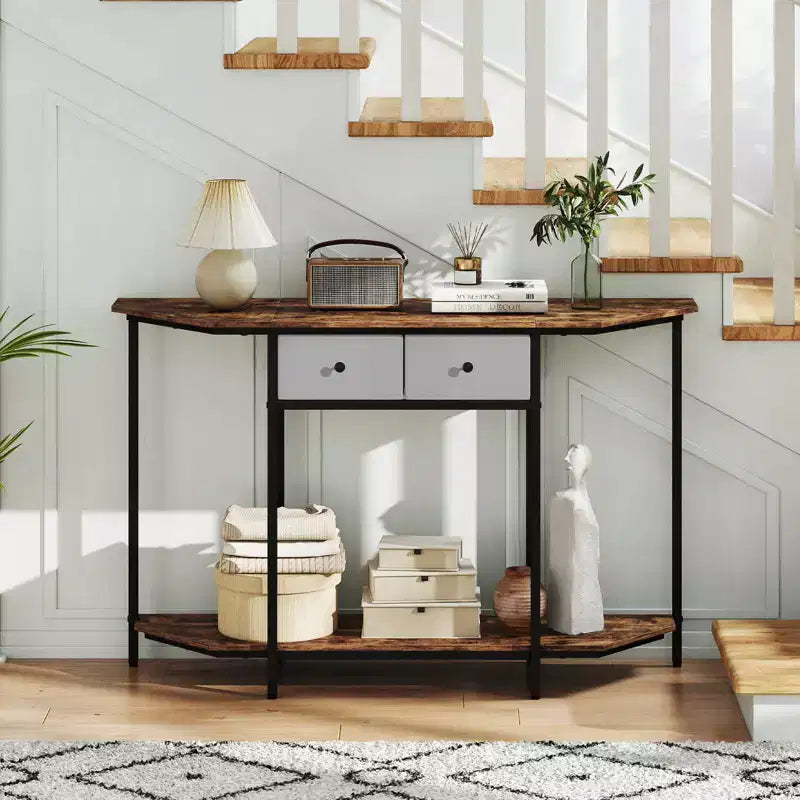 2-Tier Console Table with 2 Drawers and Open Storage Shelf