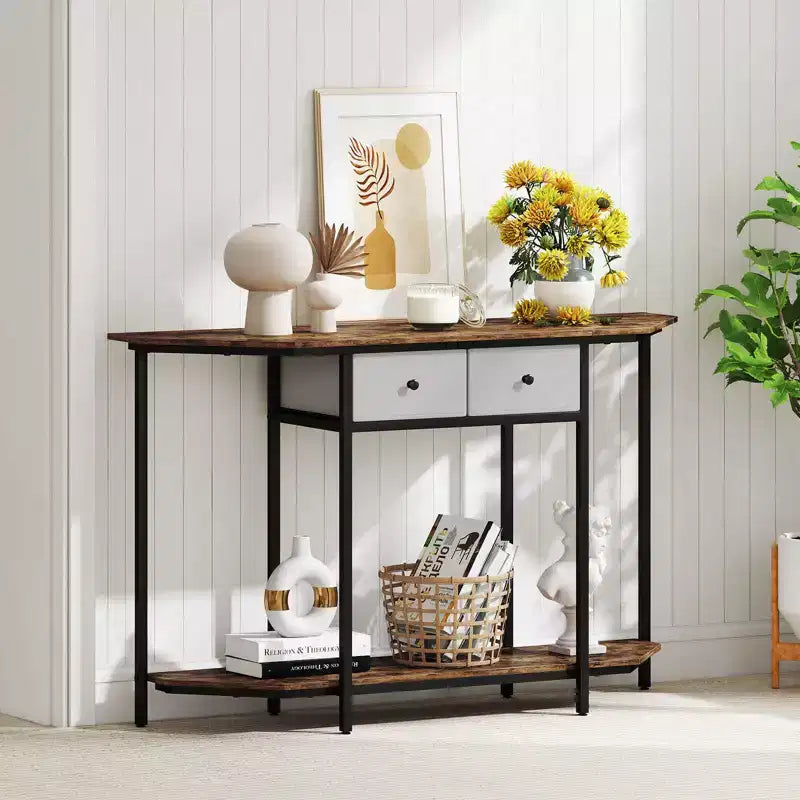 2-Tier Console Table with 2 Drawers and Open Storage Shelf