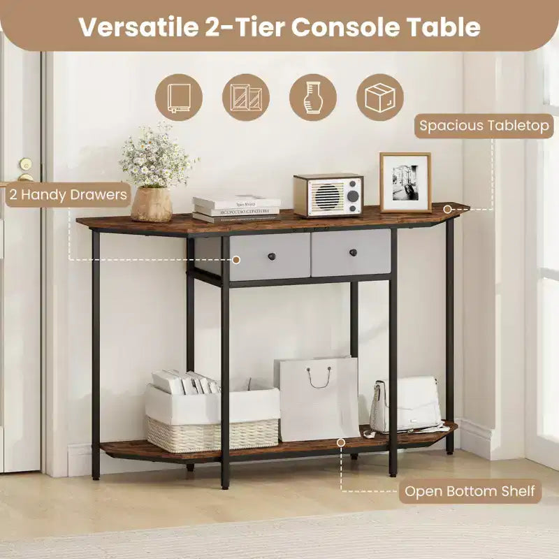 2-Tier Console Table with 2 Drawers and Open Storage Shelf