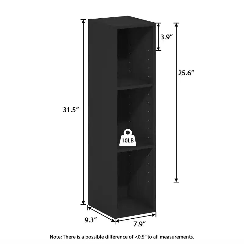 3-Tier Narrow Bookcase with Adjustable Shelf