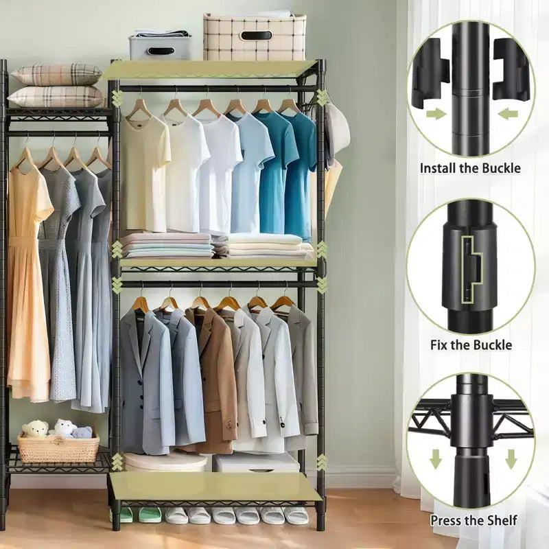 Freestanding Coat Rack with 8 Wire Shelves, 5 Clothes Rails and 10 Hooks – Black