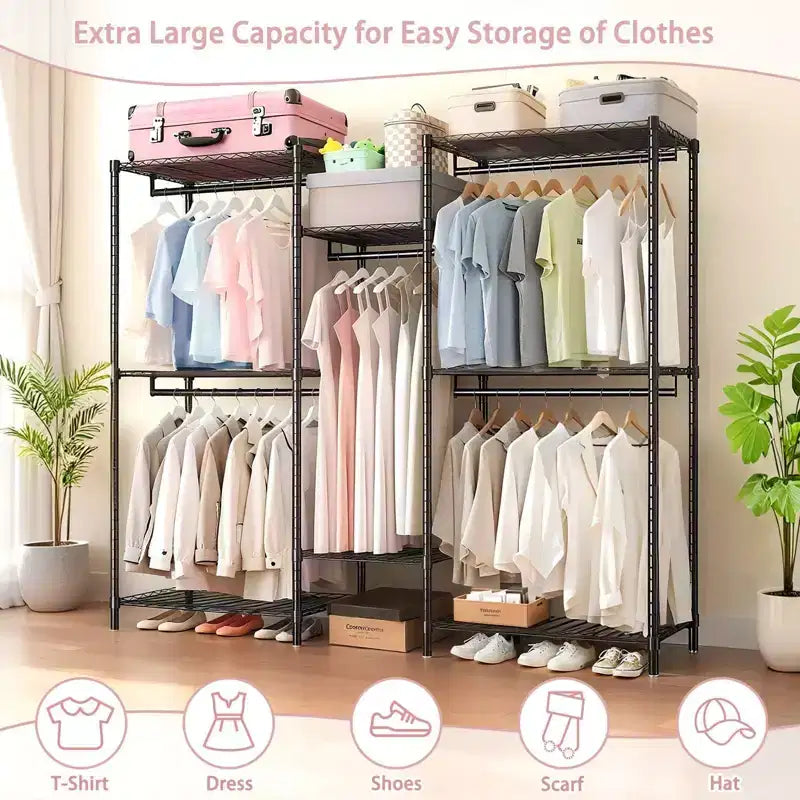 Freestanding Coat Rack with 8 Wire Shelves, 5 Clothes Rails and 10 Hooks – Black