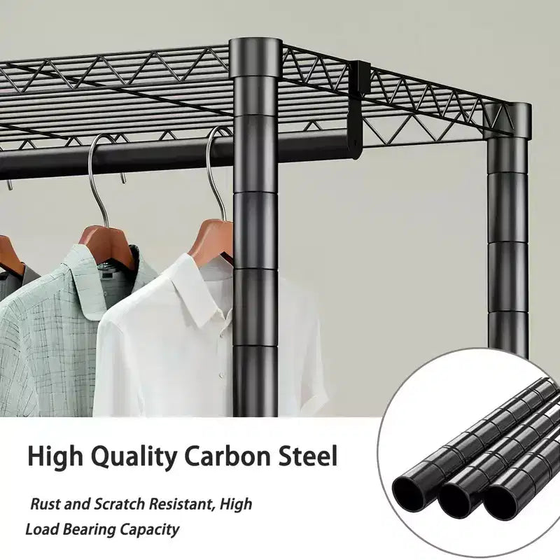 Freestanding Coat Rack with 8 Wire Shelves, 5 Clothes Rails and 10 Hooks – Black