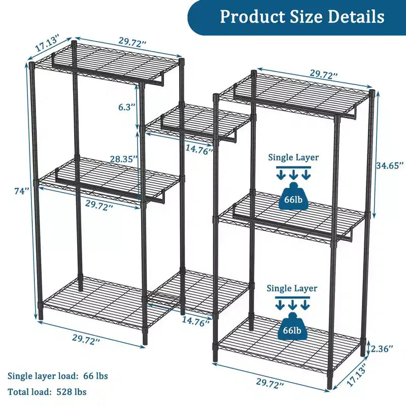 Freestanding Coat Rack with 8 Wire Shelves, 5 Clothes Rails and 10 Hooks – Black