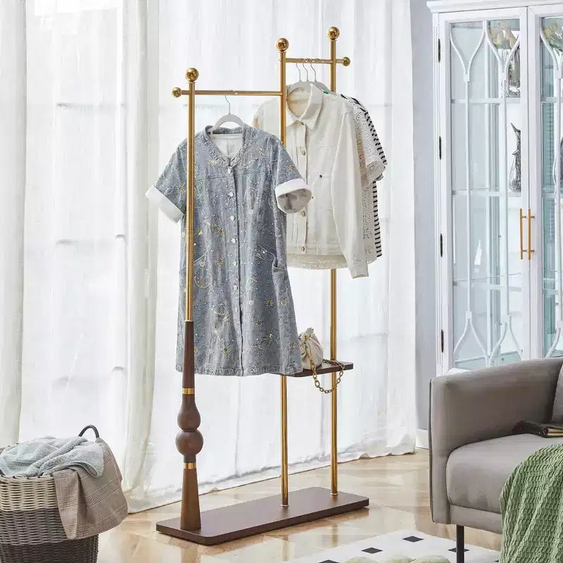 Hall Tree with Wooden Shelves and Metal Frame, Industrial Coat Rack Stand for Entryway, Living Room and Bedroom, Gold