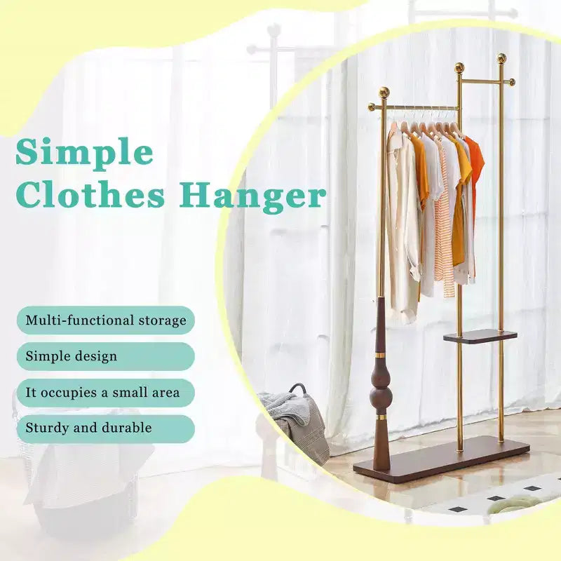 Hall Tree with Wooden Shelves and Metal Frame, Industrial Coat Rack Stand for Entryway, Living Room and Bedroom, Gold