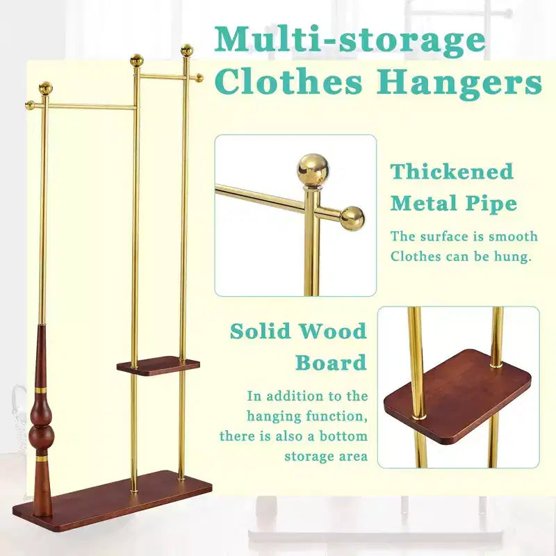Hall Tree with Wooden Shelves and Metal Frame, Industrial Coat Rack Stand for Entryway, Living Room and Bedroom, Gold
