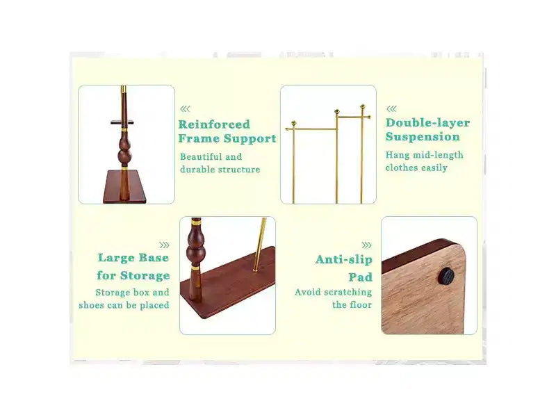 Hall Tree with Wooden Shelves and Metal Frame, Industrial Coat Rack Stand for Entryway, Living Room and Bedroom, Gold