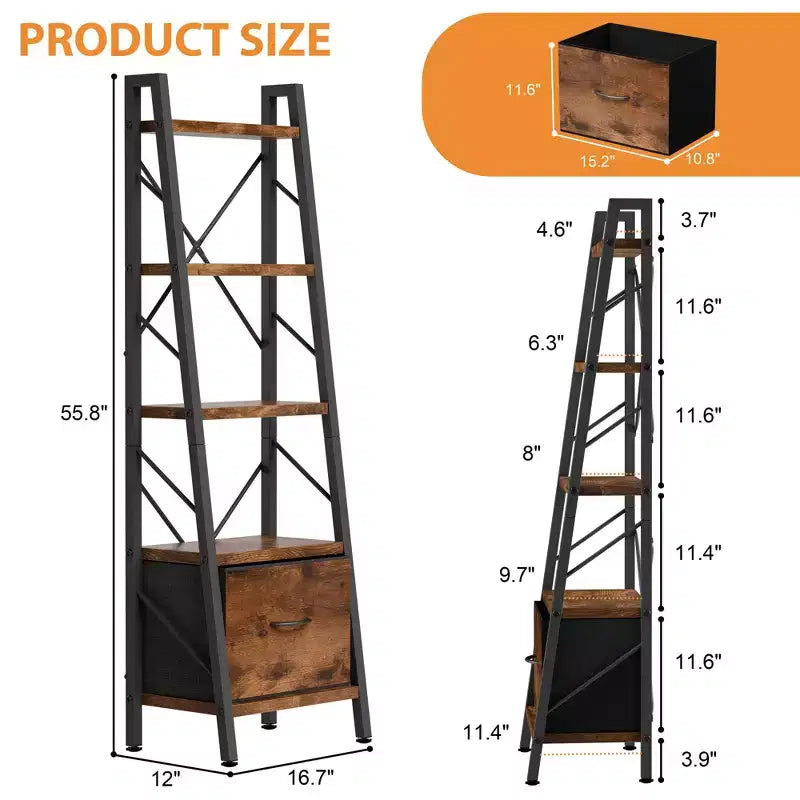 5-Tier Ladder Bookshelf with Drawer and Storage