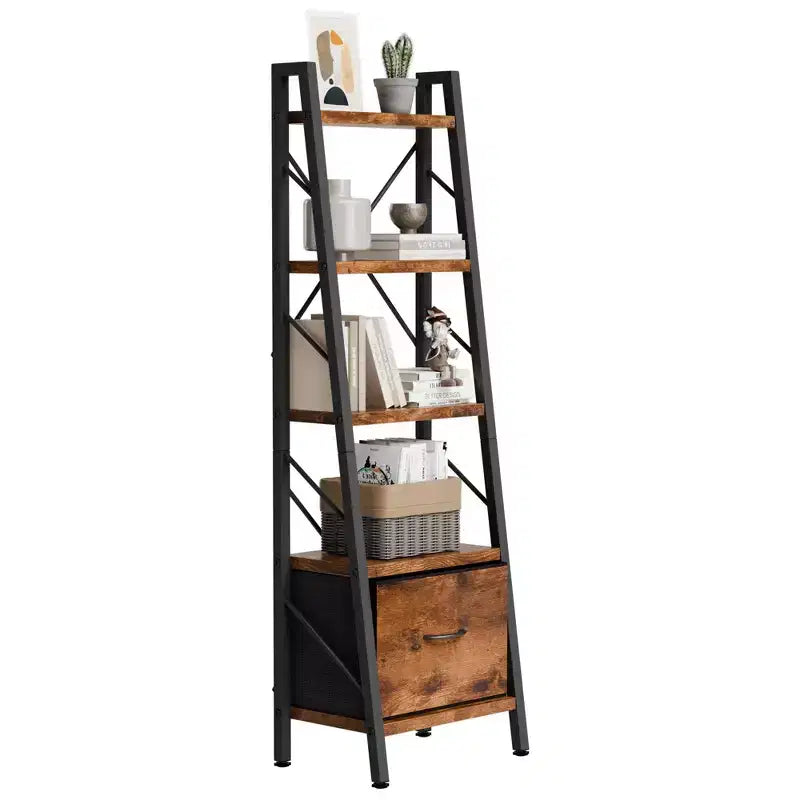 5-Tier Ladder Bookshelf with Drawer and Storage