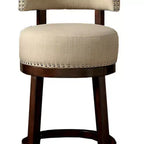 Sgabello da bar rotondo imbottito con struttura in legno, beige, set da 2